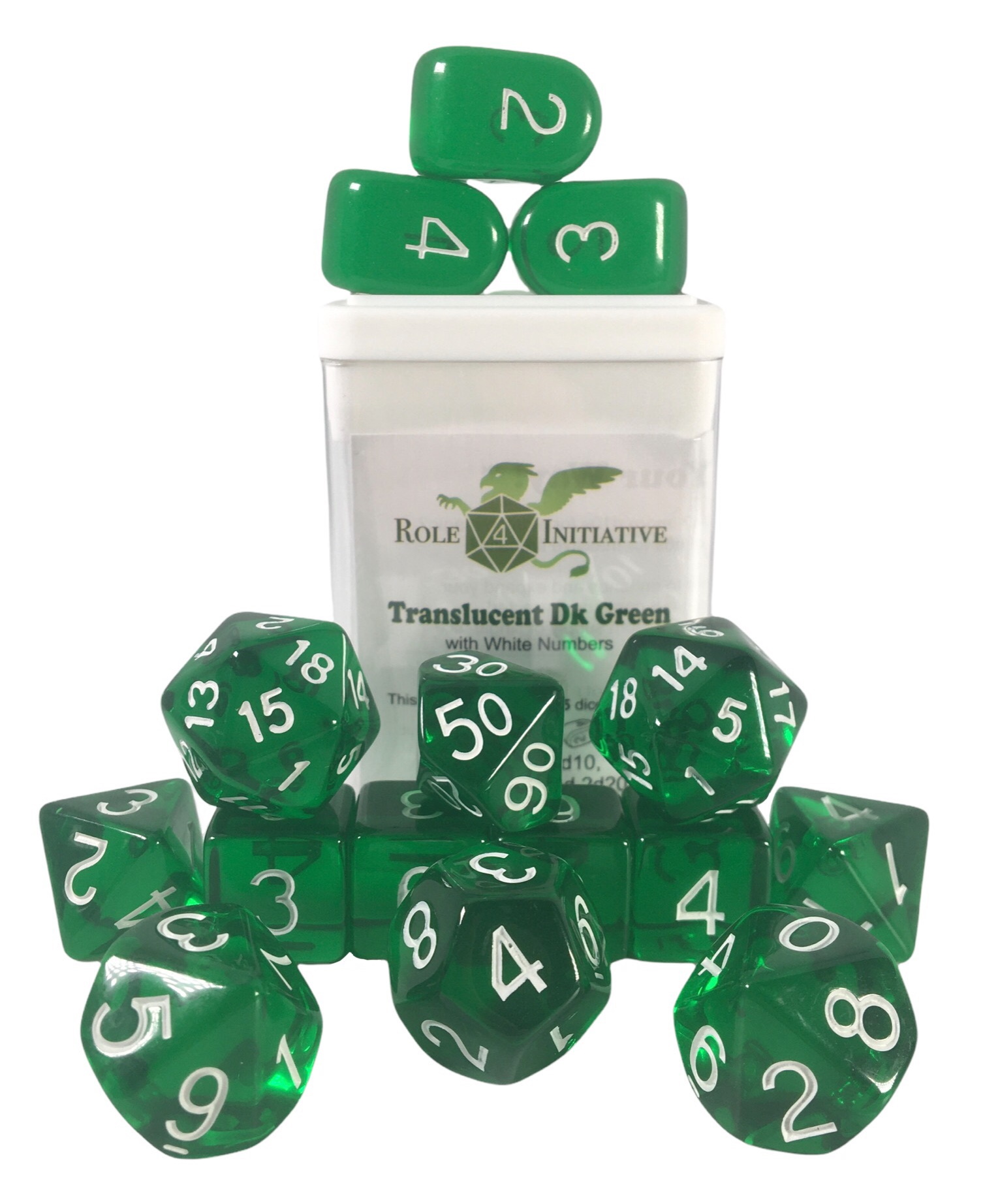 Role 4 Initiative: Polyhedral 15 Dice Set: Translucent Dark Green with White (Arch D4)  