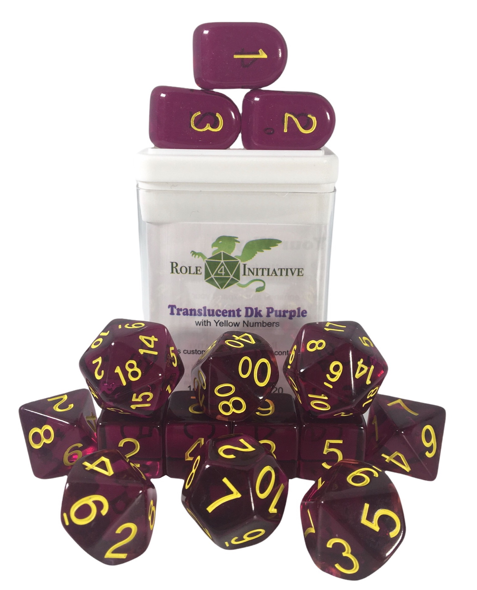Role 4 Initiative: Polyhedral 15 Dice Set: Translucent Dark Purple and Yellow 