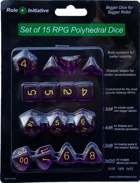 Role 4 Initiative: Polyhedral 15 Dice Set: Translucent Dark Purple with Gold Numbers 