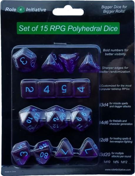 Role 4 Initiative: Polyhedral 15 Dice Set: Translucent Dark Purple with Light Blue Numbers 