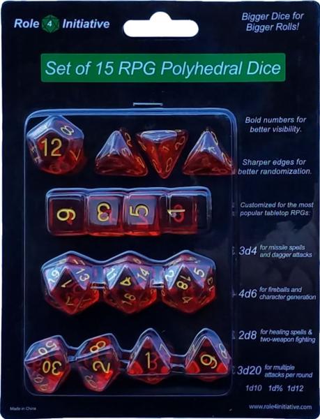Role 4 Initiative: Polyhedral 15 Dice Set: Translucent Red with Gold Numbers 