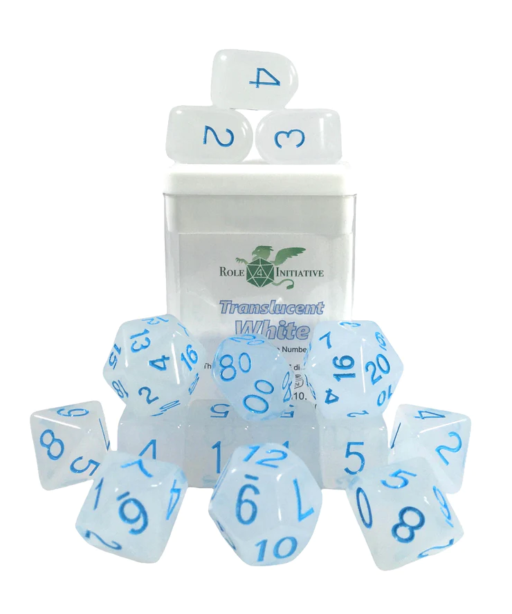Role 4 Initiative: Polyhedral 15 Dice Set: Translucent White with Blue Arch D4 