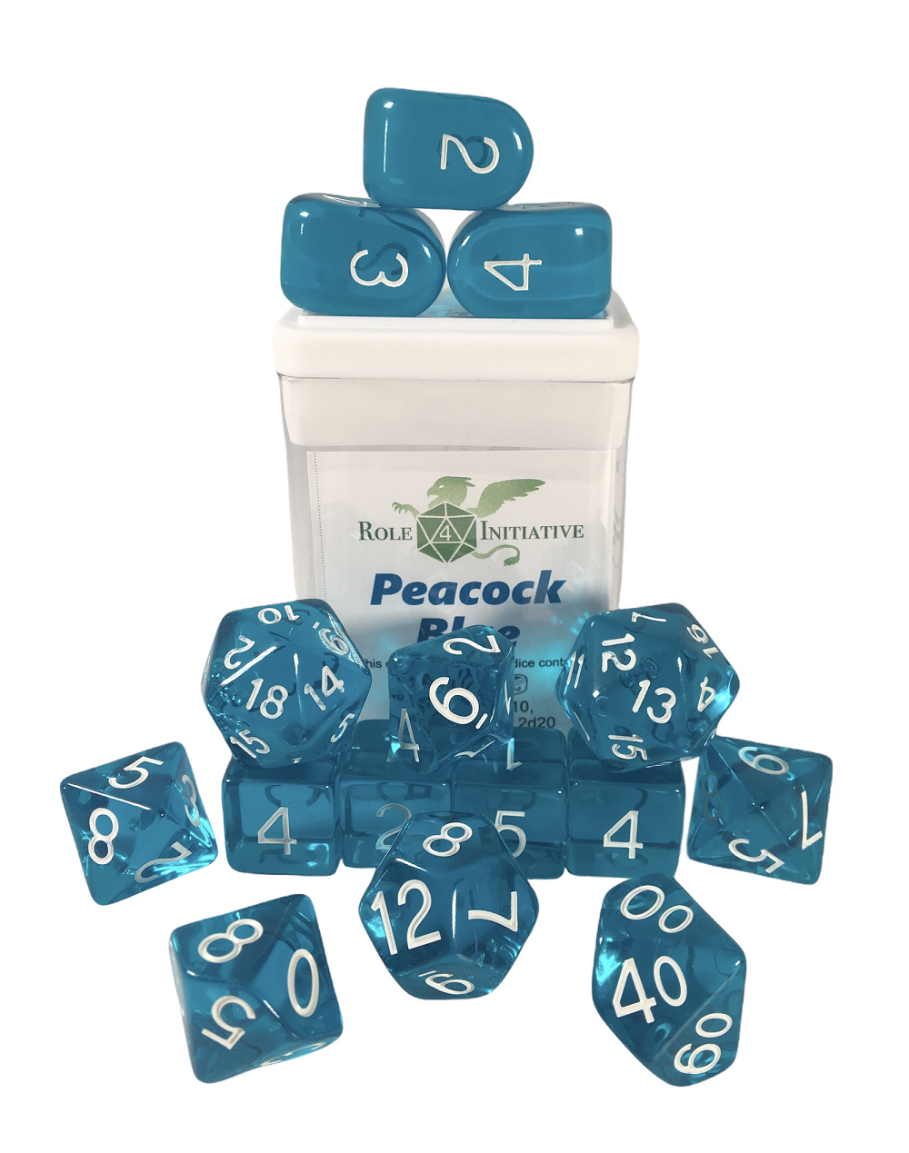 Role 4 Initiative: Polyhedral 15 Dice Set: Transparent Peacock Arch D4 
