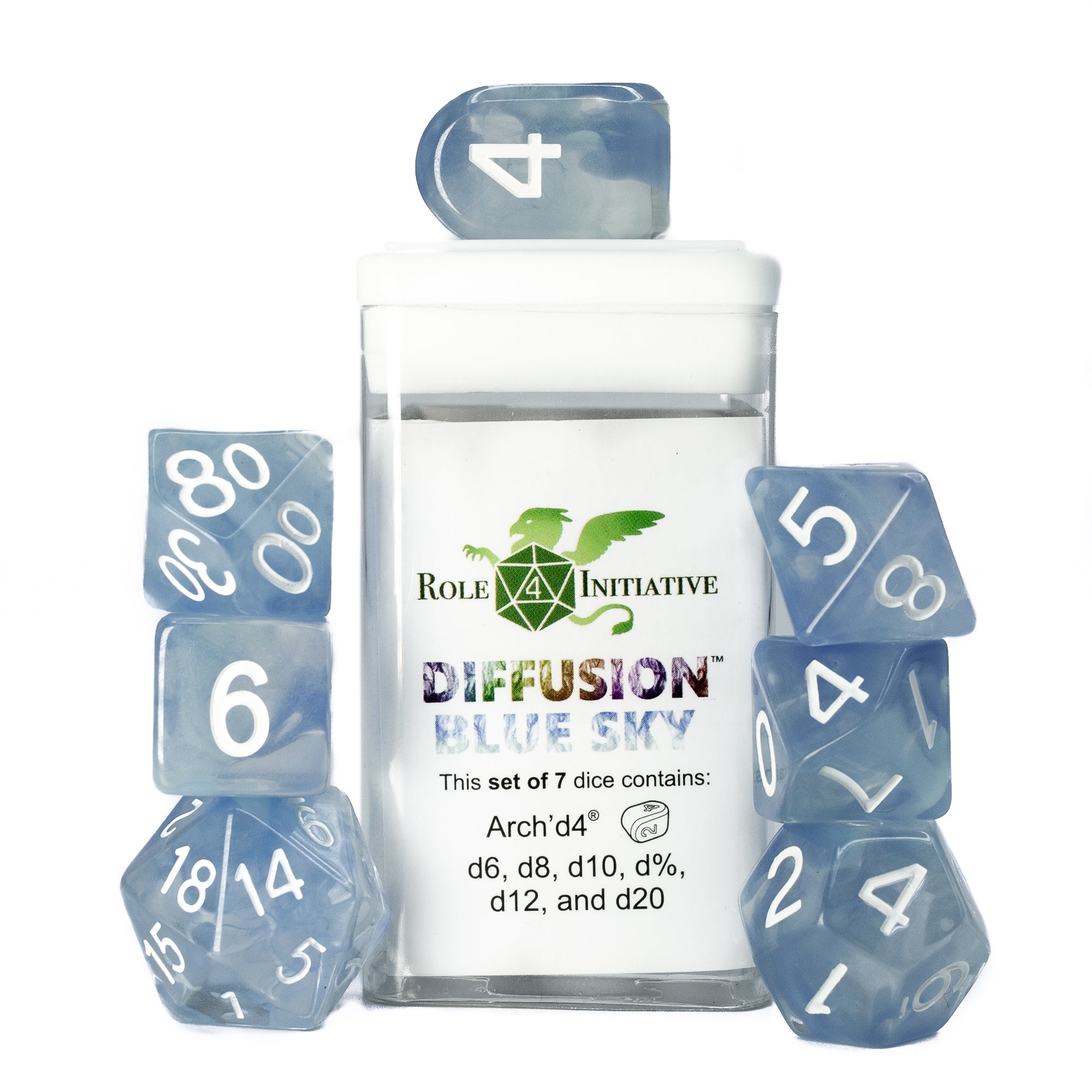 Role 4 Initiative: Polyhedral 7 Dice Set: Diffusion Blue Sky Arch D4 