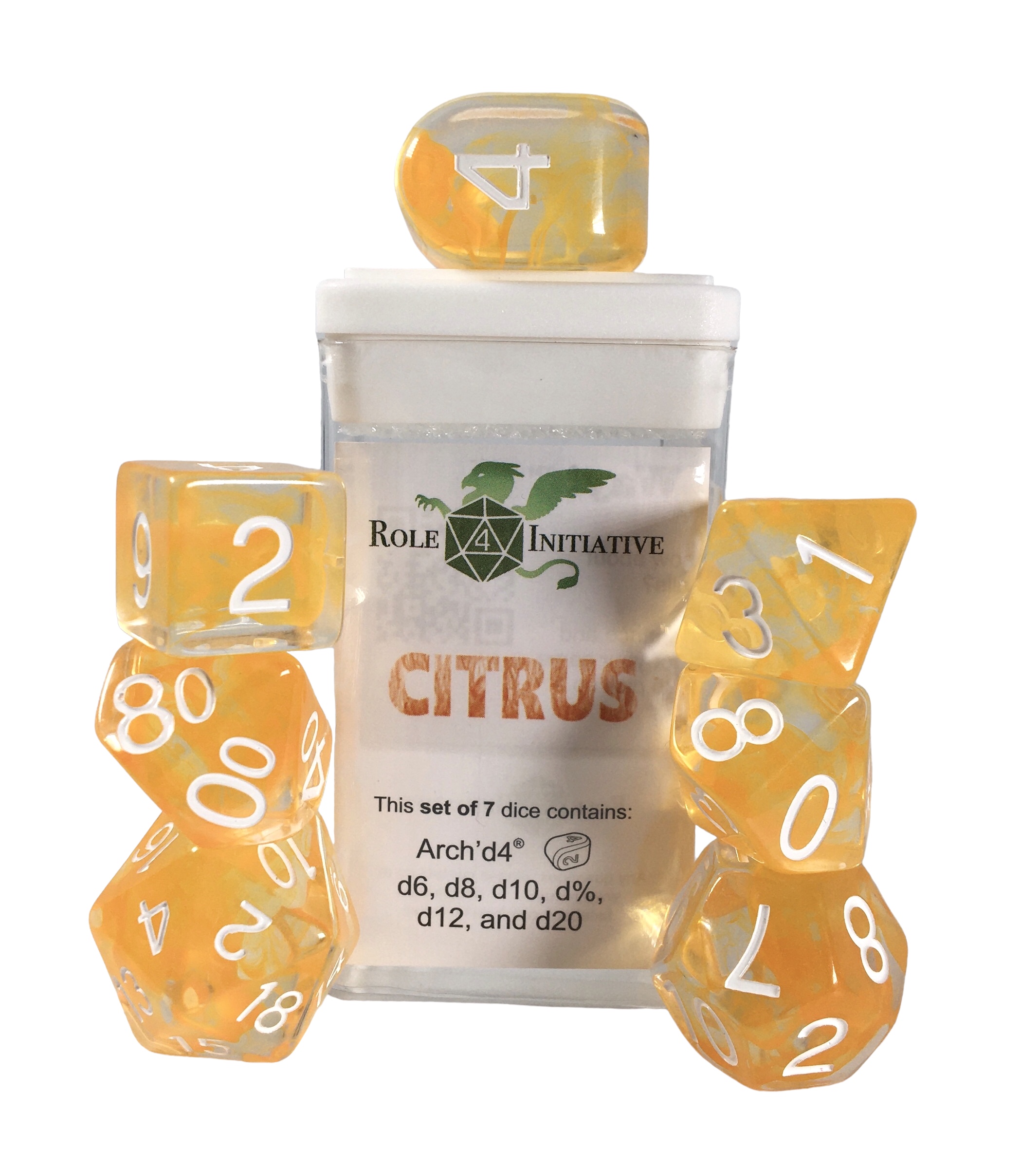 Role 4 Initiative: Polyhedral 7 Dice Set: Diffusion Citrus (Arch D4) 