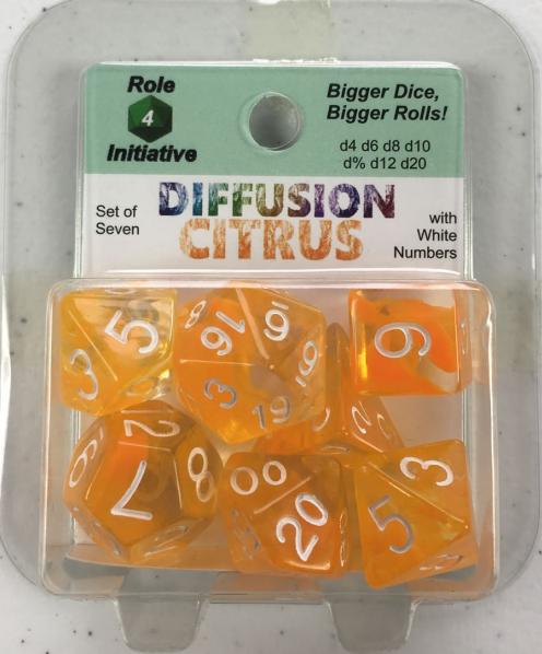 Role 4 Initiative Polyhedral 7 Dice Set: Diffusion Citrus with White Numbers 