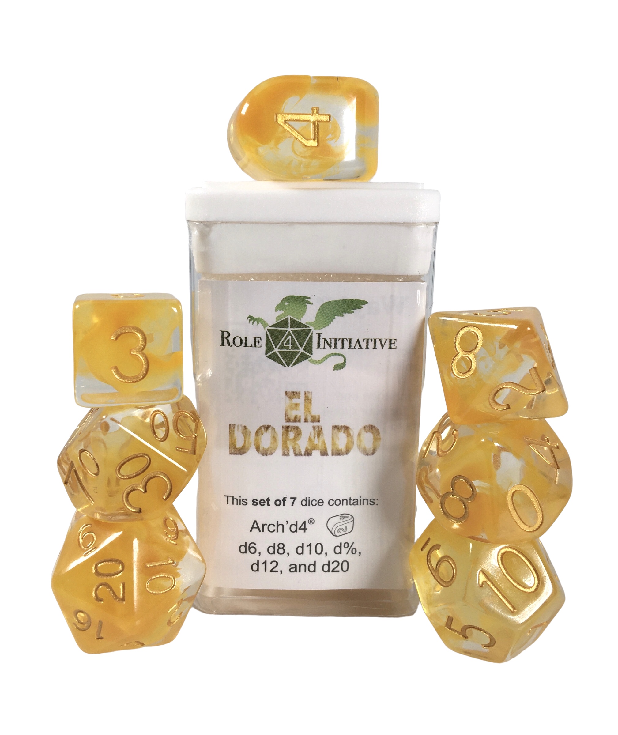 Role 4 Initiative: Polyhedral 7 Dice Set: Diffusion El Dorado (Arch D4) 
