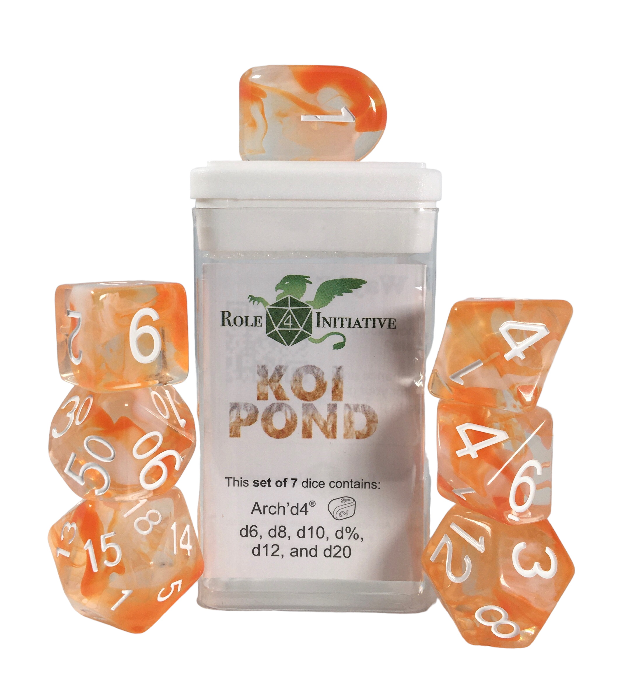 Role 4 Initiative: Polyhedral 7 Dice Set: Diffusion Koi Pond Arch D4 