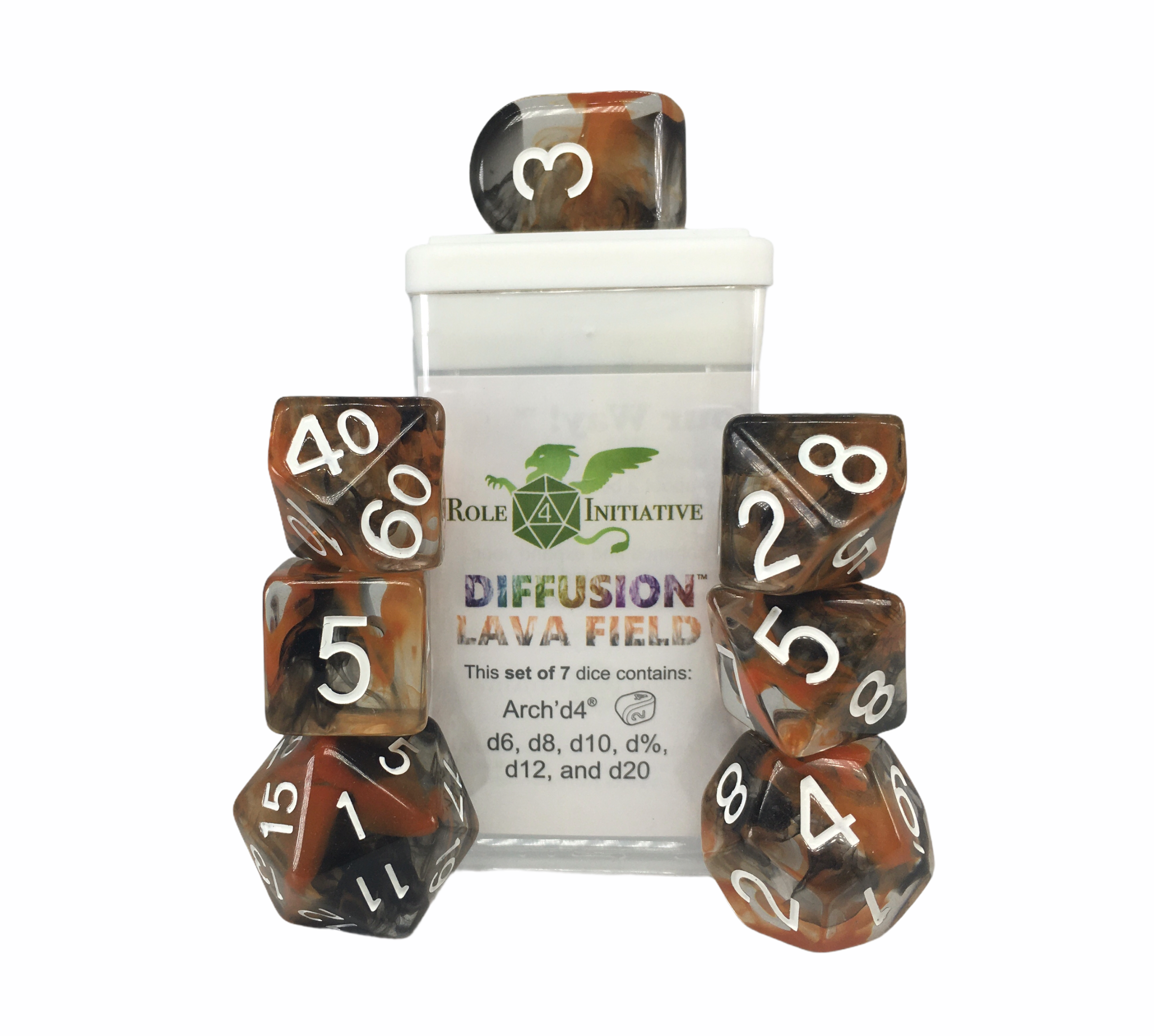Role 4 Initiative: Polyhedral 7 Dice Set: Diffusion Lava Field Arch D4  