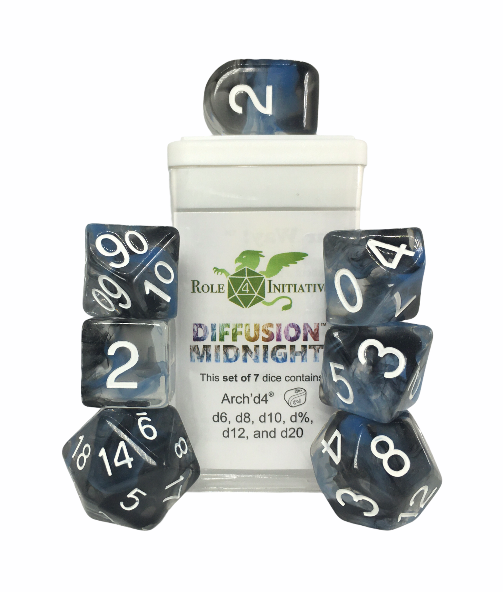 Role 4 Initiative: Polyhedral 7 Dice Set: Diffusion Midnight Arch D4 