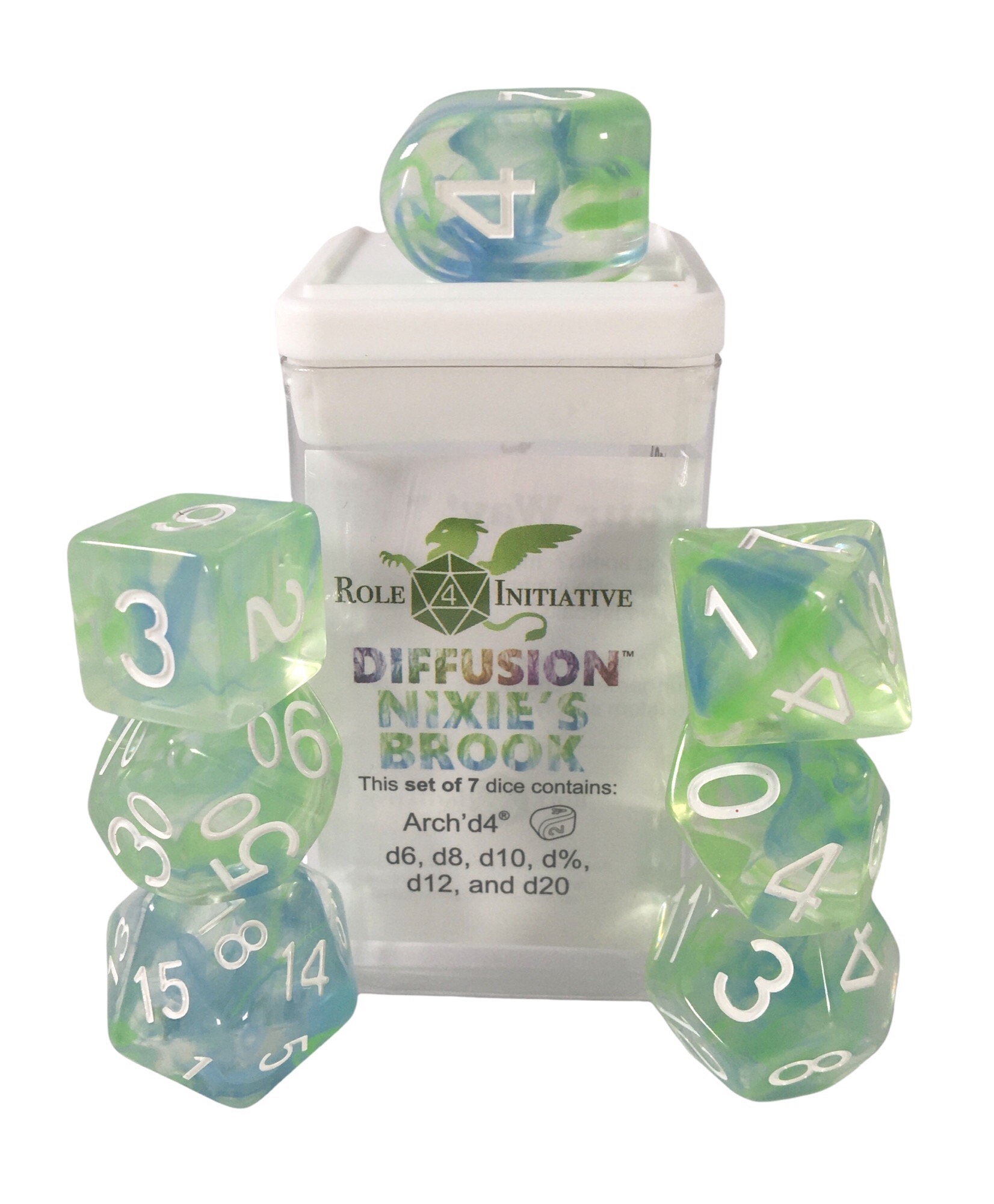 Role 4 Initiative Polyhedral 7 Dice Set: Diffusion Nixies Brook [Arch/ Balanced]  