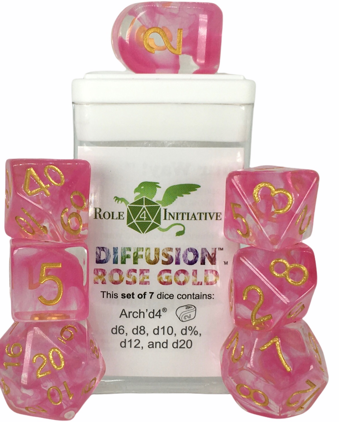 Role 4 Initiative: Polyhedral 7 Dice Set: Diffusion Rose Gold Arch D4  