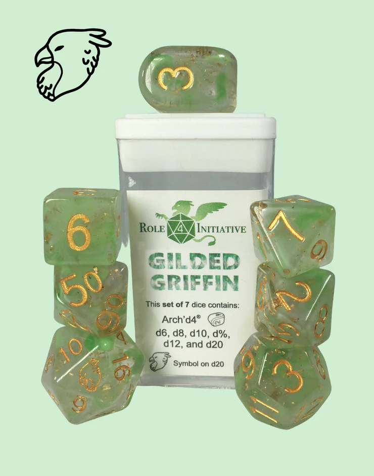 Role 4 Initiative: Polyhedral 7 Dice Set: Gilded Griffin w/Symbol Arch D4 