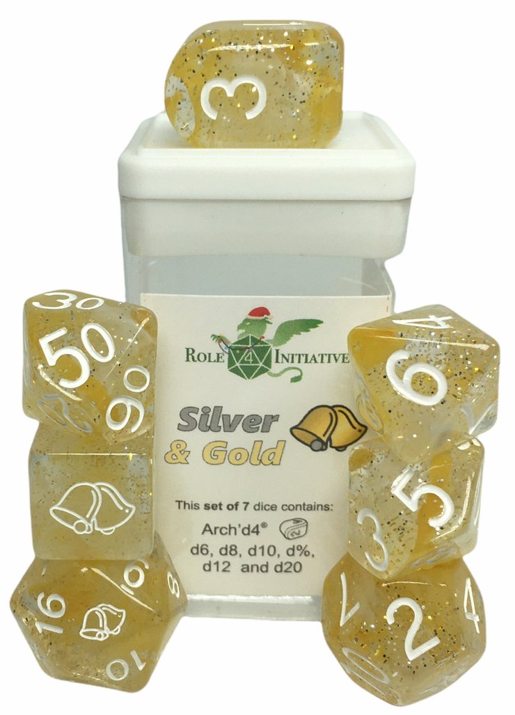 Role 4 Initiative Polyhedral 7 Dice Set: Holi-Dice Silver and Gold 