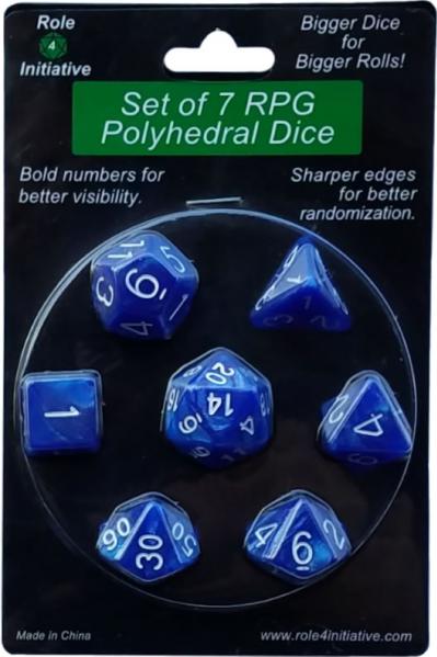 Role 4 Initiative Polyhedral 7 Dice Set: Marble Blue with White Numbers 