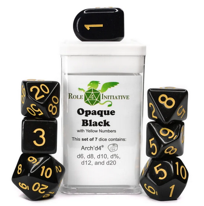 Role 4 Initiative: Polyhedral 7 Dice Set: Opaque Black/Yellow Arch D4 