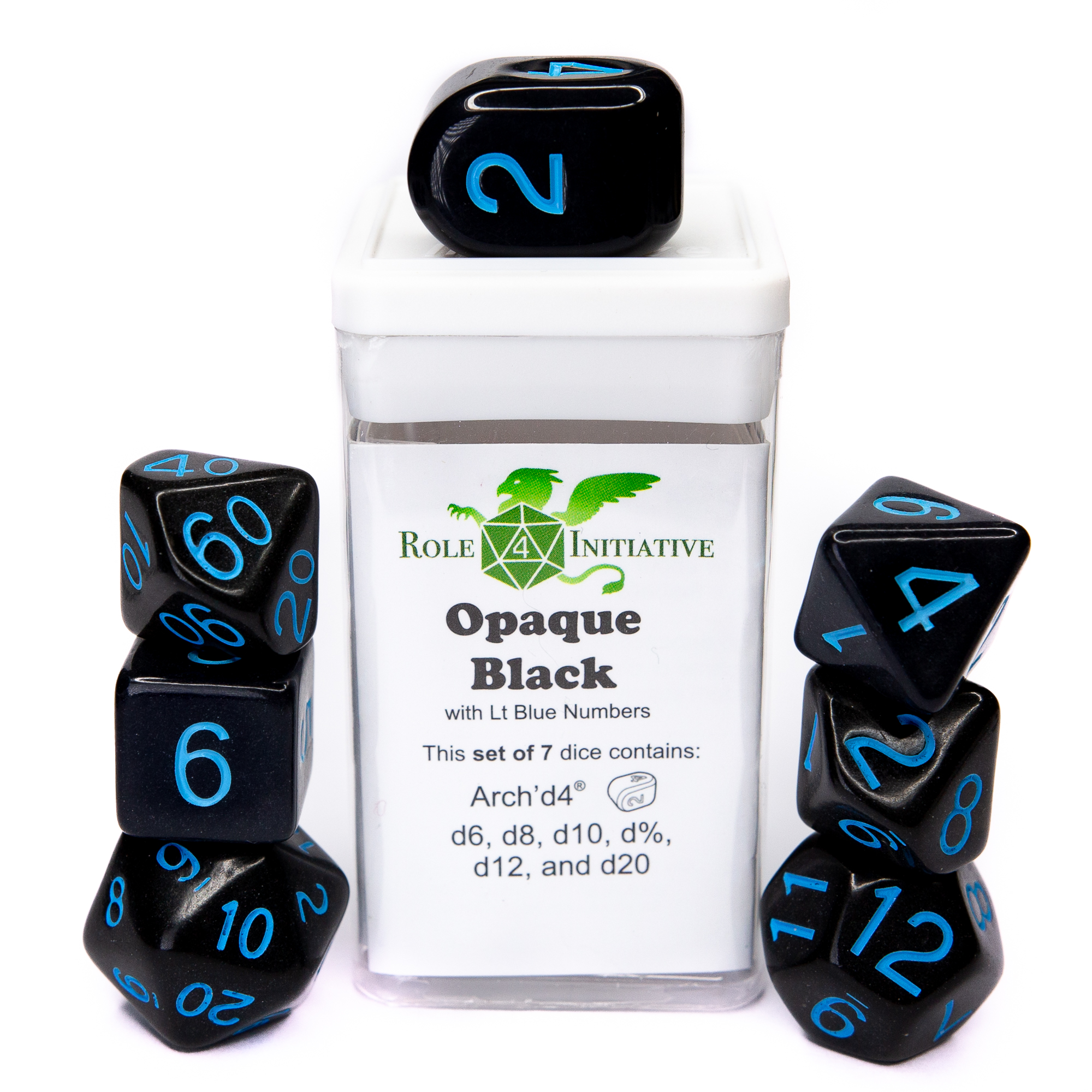 Role 4 Initiative: Polyhedral 7 Dice Set: Opaque Black With Light Blue Arch D4 