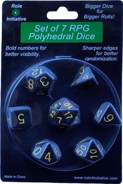 Role 4 Initiative Polyhedral 7 Dice Set: Opaque Black with Gold Numbers 