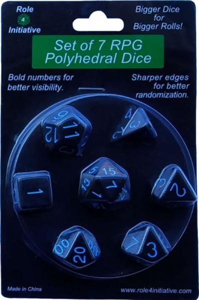 Role 4 Initiative Polyhedral 7 Dice Set: Opaque Black with Lt Blue Numbers 