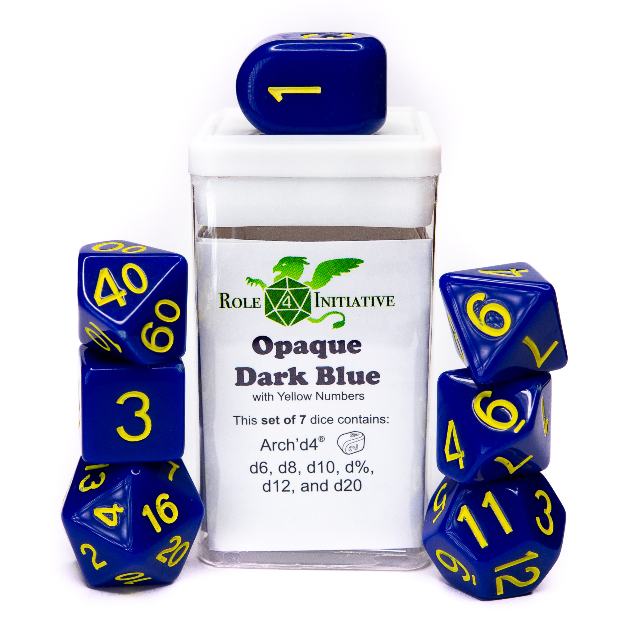 Role 4 Initiative: Polyhedral 7 Dice Set: Opaque Dark Blue with Yellow (Arch D4)  
