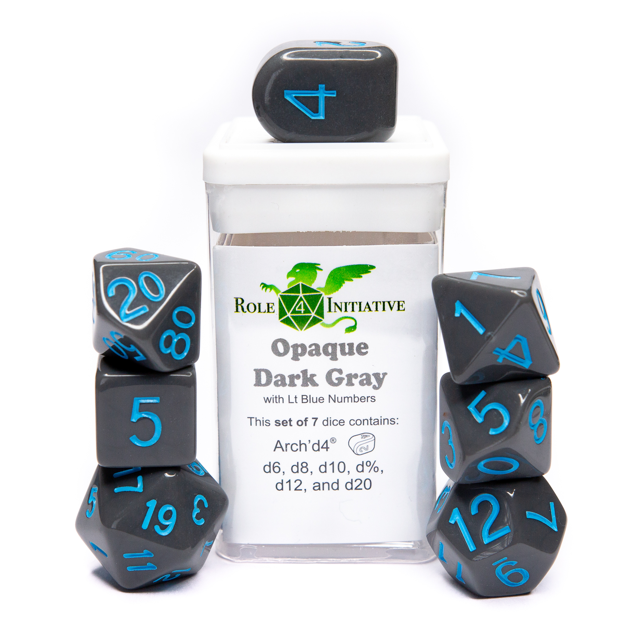 Role 4 Initiative: Polyhedral 7 Dice Set: Opaque Dark Gray and Light Blue Arch D4 