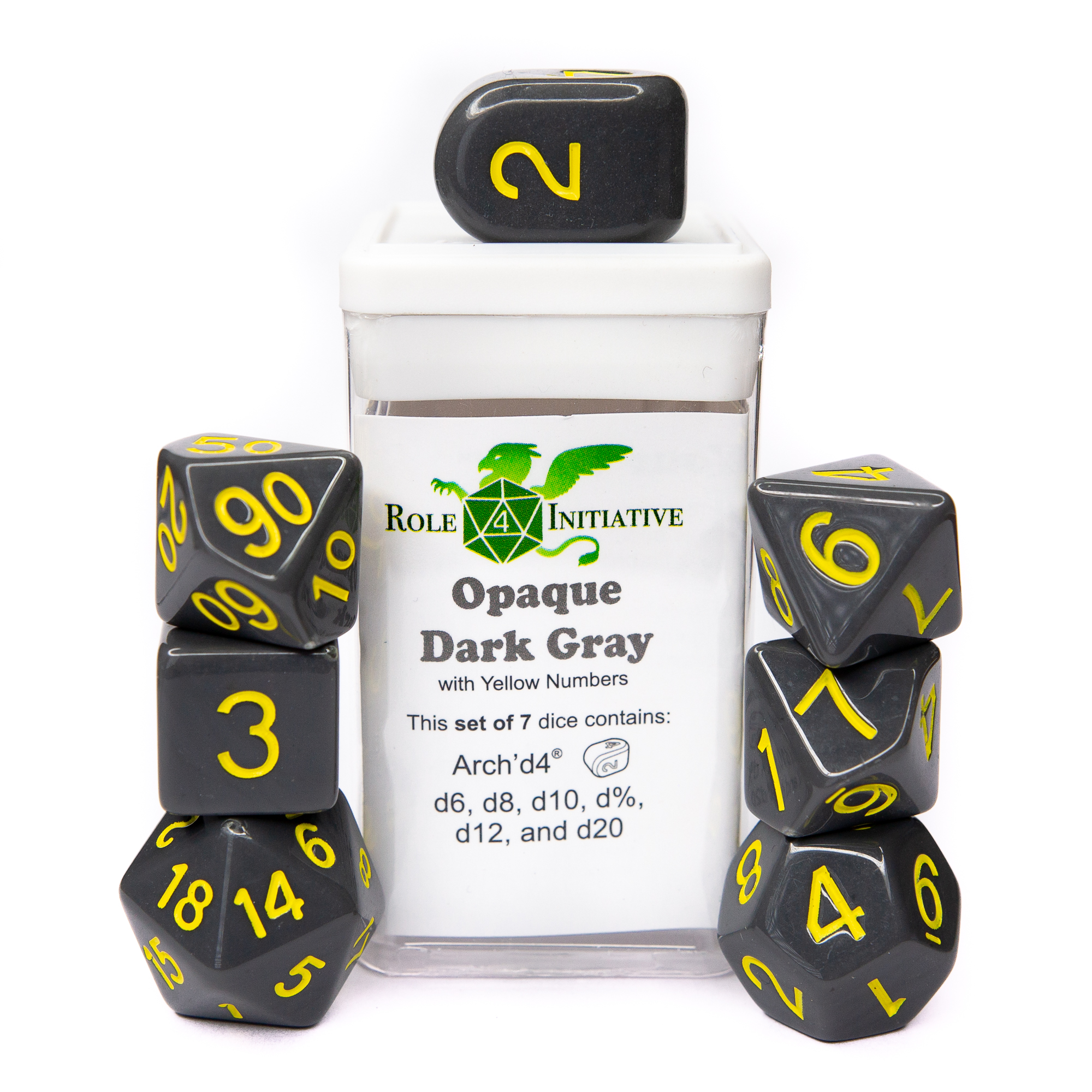 Role 4 Initiative: Polyhedral 7 Dice Set: Opaque Dark Gray and Yellow Arch D4  