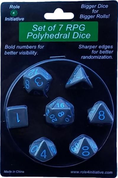 Role 4 Initiative Polyhedral 7 Dice Set: Opaque Dark Gray with Light Blue Numbers 