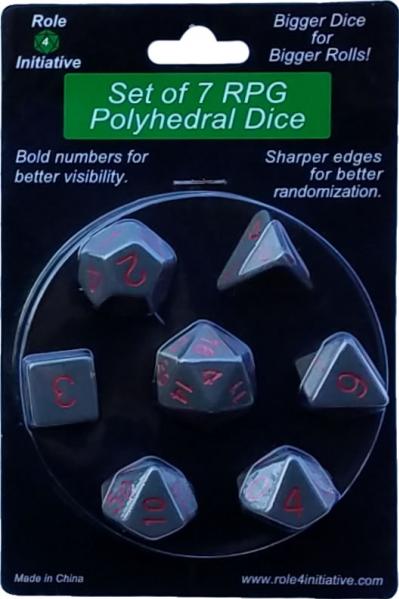 Role 4 Initiative Polyhedral 7 Dice Set: Opaque Dark Gray with Red Numbers 