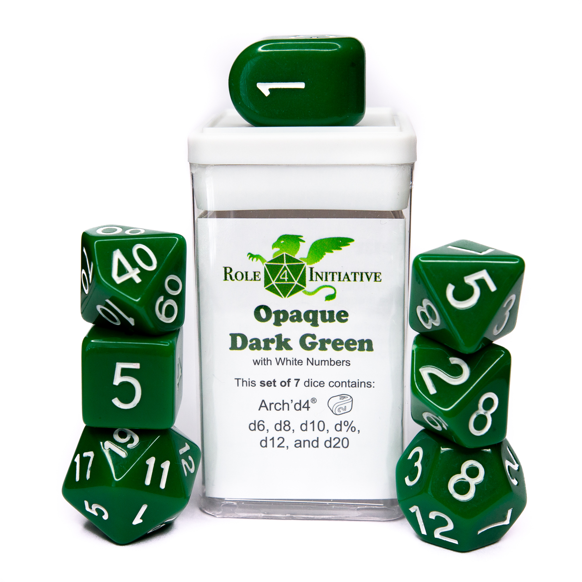 Role 4 Initiative: Polyhedral 7 Dice Set: Opaque Dark Green with White (Arch D4) 