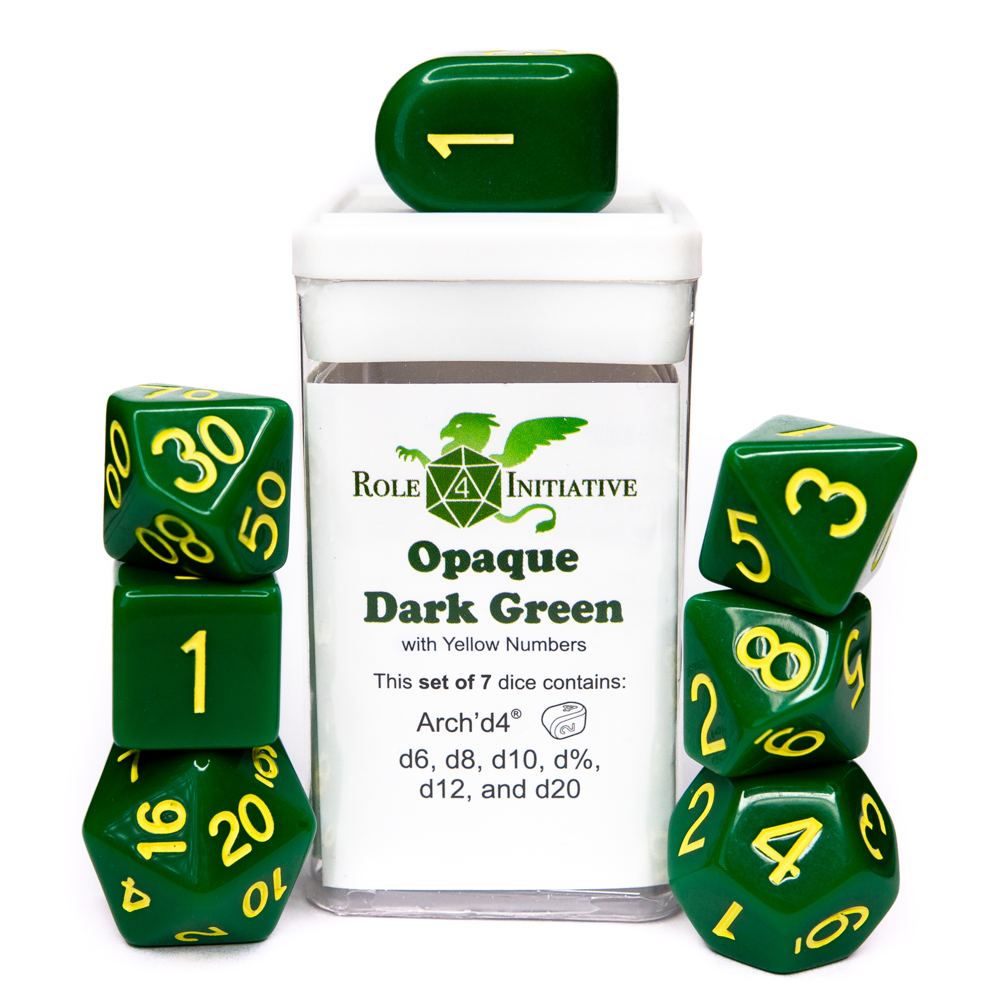 Role 4 Initiative: Polyhedral 7 Dice Set: Opaque Dark Green with Yellow (Arch D4) 