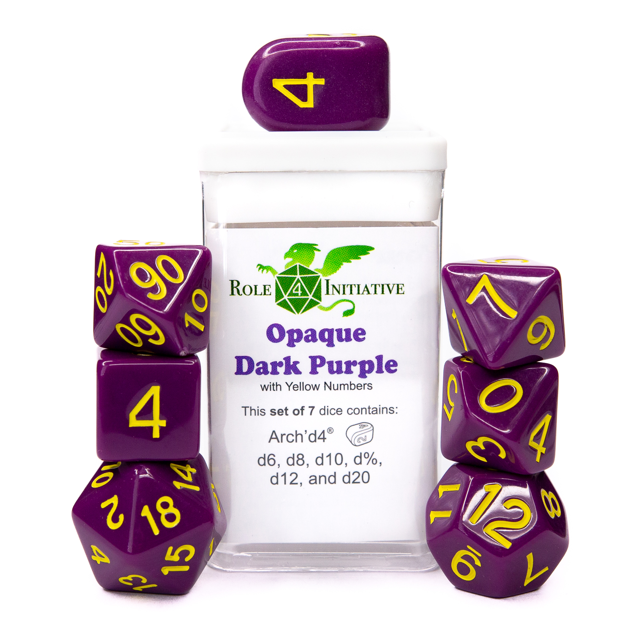 Role 4 Initiative: Polyhedral 7 Dice Set: Opaque Dark Purple with Yellow (Arch D4)  