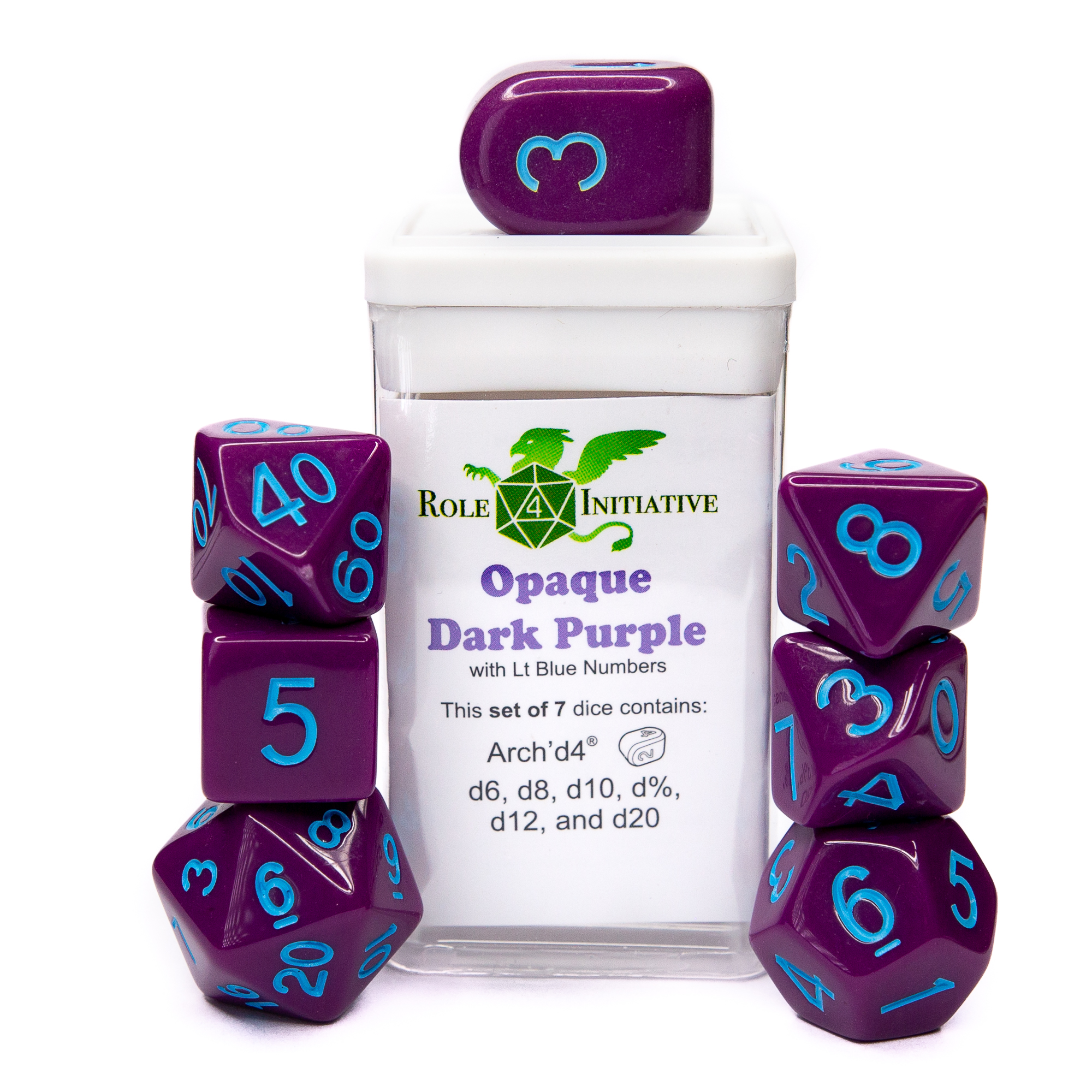 Role 4 Initiative: Polyhedral 7 Dice Set: Opaque Dark Purple with Light Blue (Arch D4)  