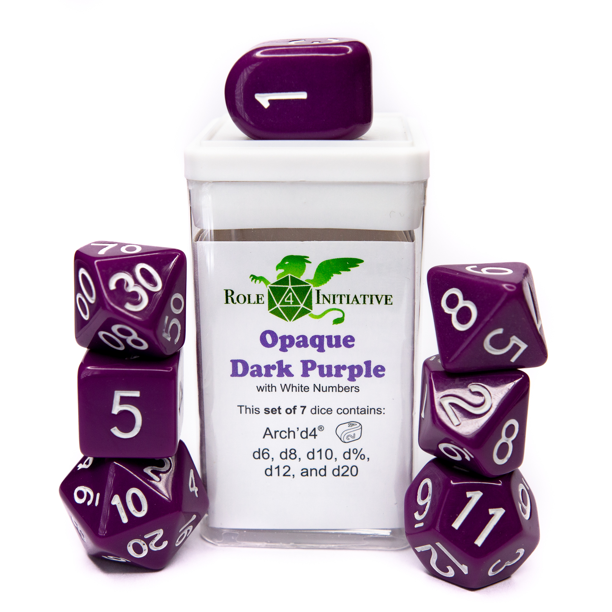 Role 4 Initiative: Polyhedral 7 Dice Set: Opaque Dark Purple with White (Arch D4) 