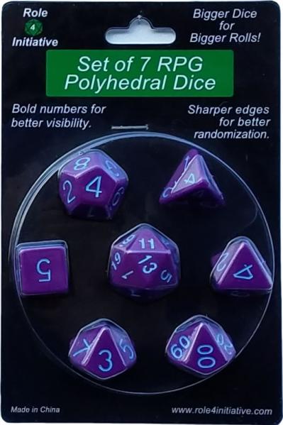 Role 4 Initiative Polyhedral 7 Dice Set: Opaque Dark Purple with Lt Blue Numbers 