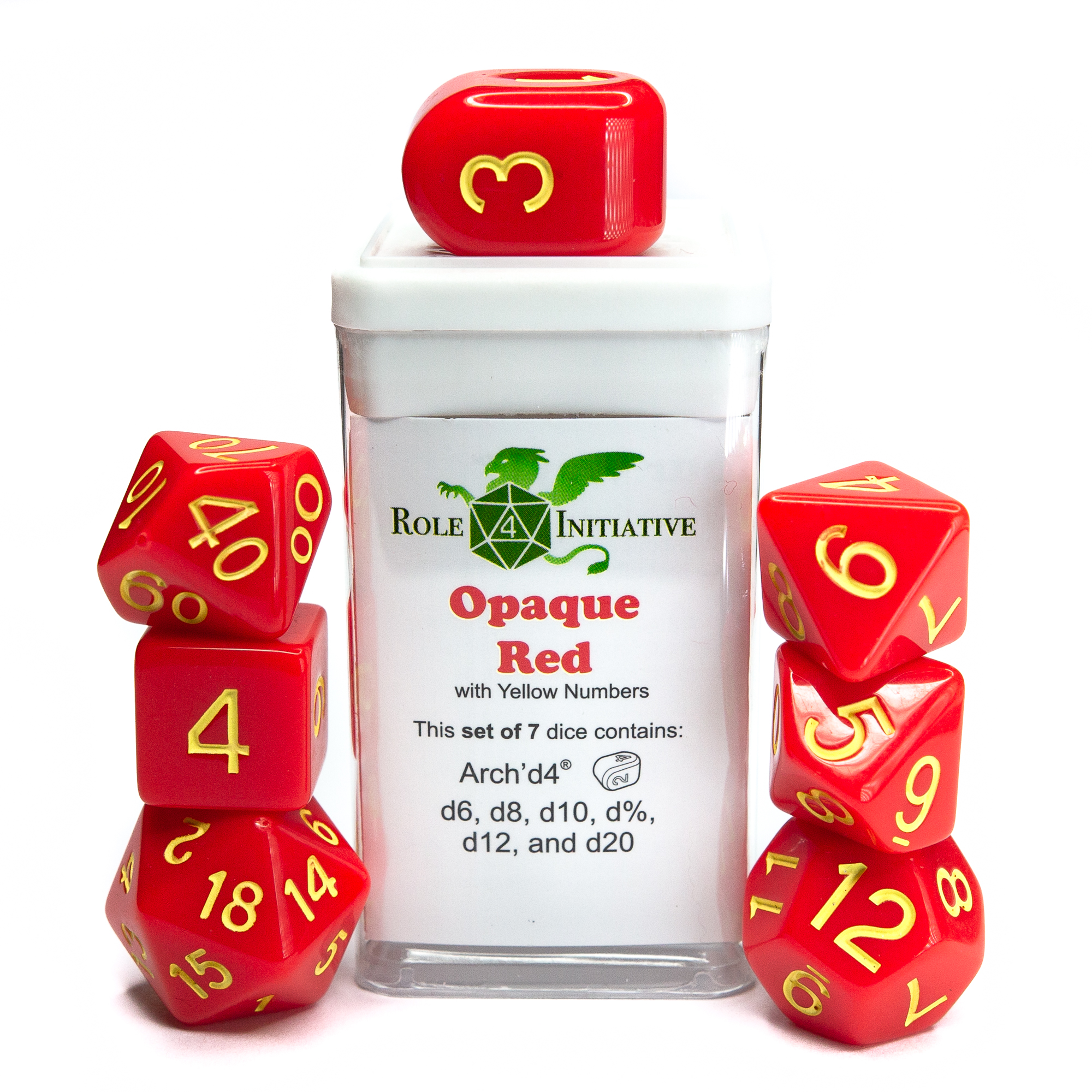 Role 4 Initiative: Polyhedral 7 Dice Set: Opaque Red and Yellow Arch D4 