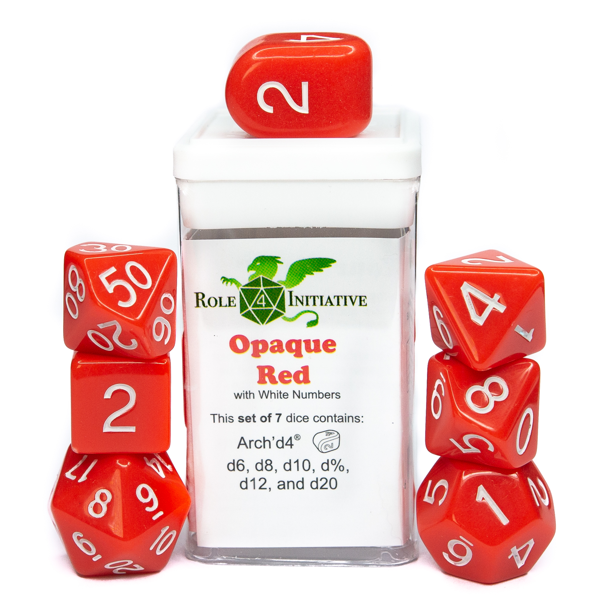 Role 4 Initiative: Polyhedral 7 Dice Set: Opaque Red and White Arch D4  