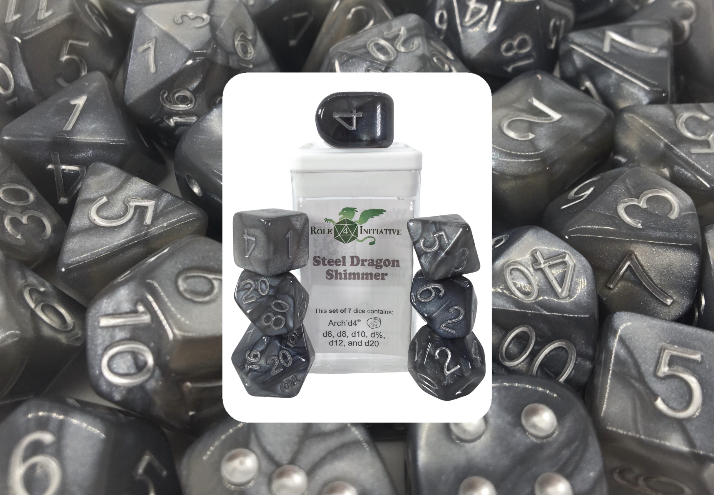 Role 4 Initiative Polyhedral 7 Dice Set: Steel Dragon Shimmer (Arch D4)  