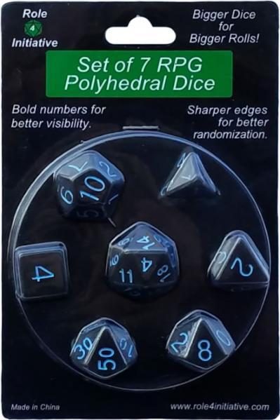 Role 4 Initiative Polyhedral 7 Dice Set: Translucent Black (Smoke) with Light Blue Numbers 