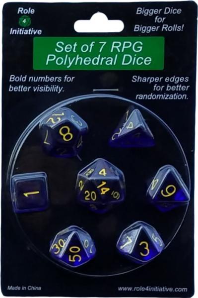 Role 4 Initiative Polyhedral 7 Dice Set: Translucent Dark Blue with Gold Numbers 