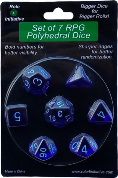 Role 4 Initiative Polyhedral 7 Dice Set: Translucent Dark Blue with Light Blue Numbers 