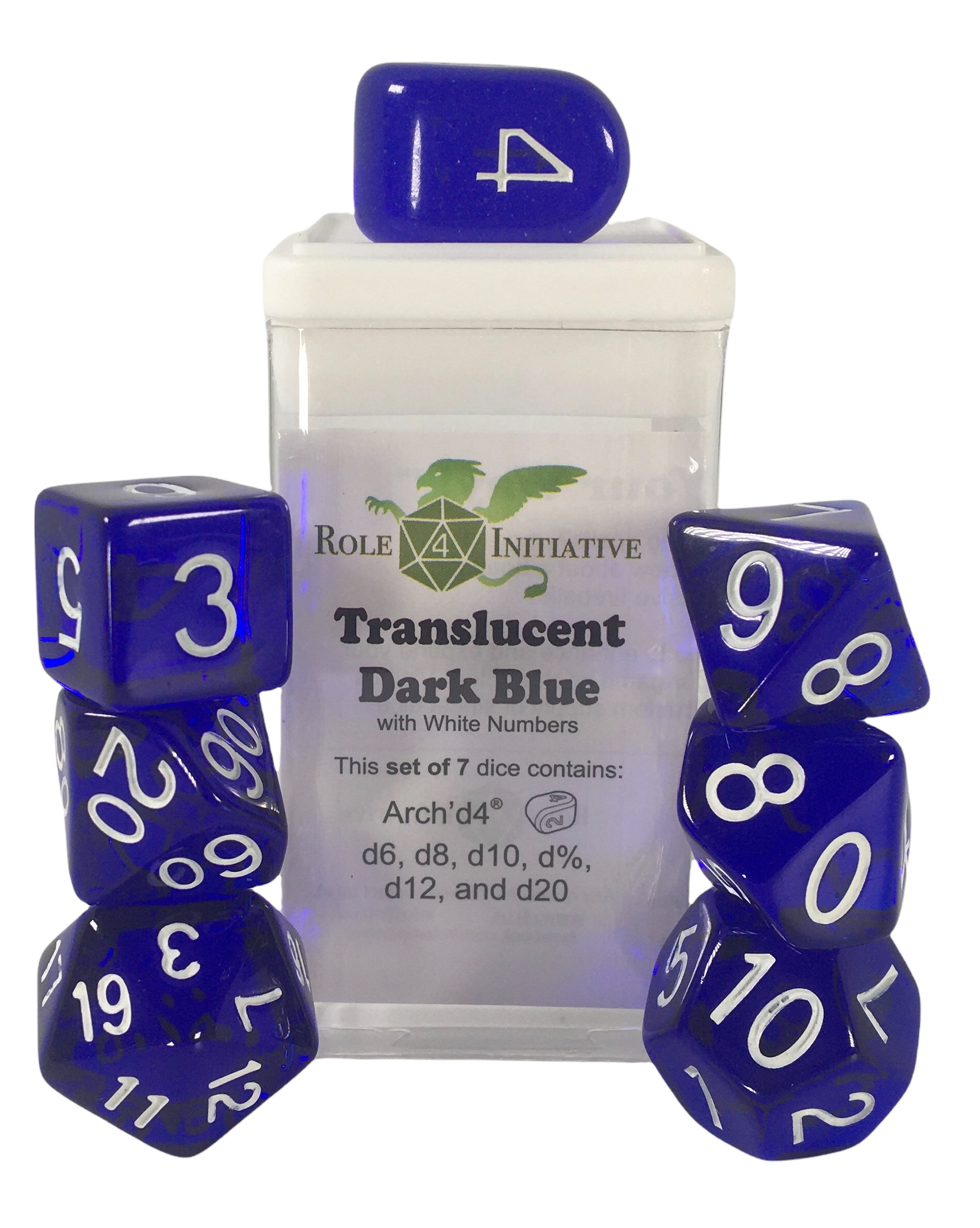 Role 4 Initiative Polyhedral 7 Dice Set: Translucent Dark Blue with White (Arch D4) 