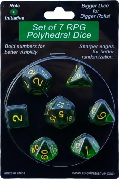 Role 4 Initiative Polyhedral 7 Dice Set: Translucent Dark Green with Gold Numbers 