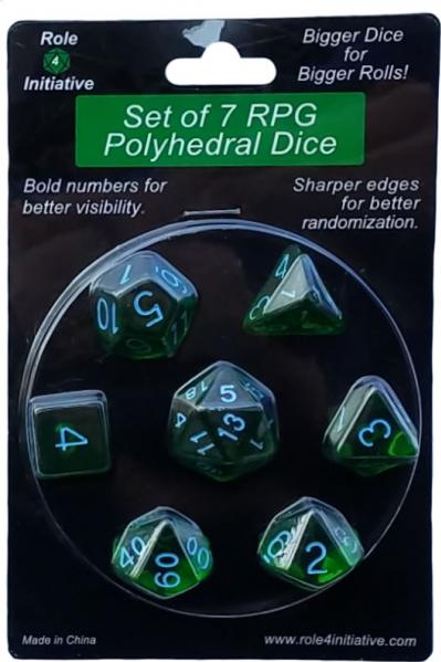 Role 4 Initiative Polyhedral 7 Dice Set: Translucent Dark Green with Light Blue Numbers 