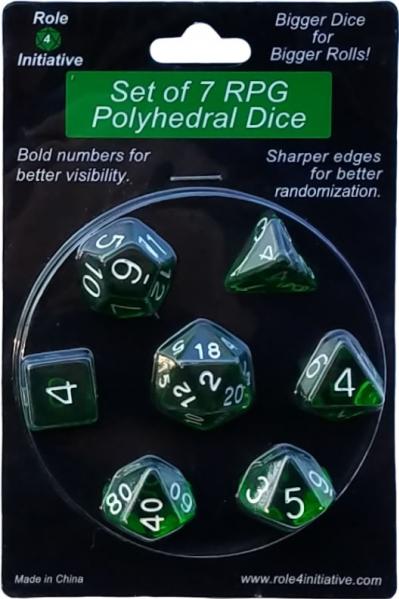 Role 4 Initiative Polyhedral 7 Dice Set: Translucent Dark Green with White Numbers 