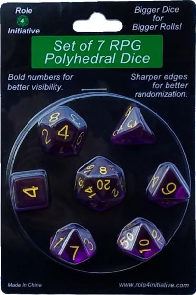 Role 4 Initiative Polyhedral 7 Dice Set: Translucent Dark Purple with Gold Numbers 