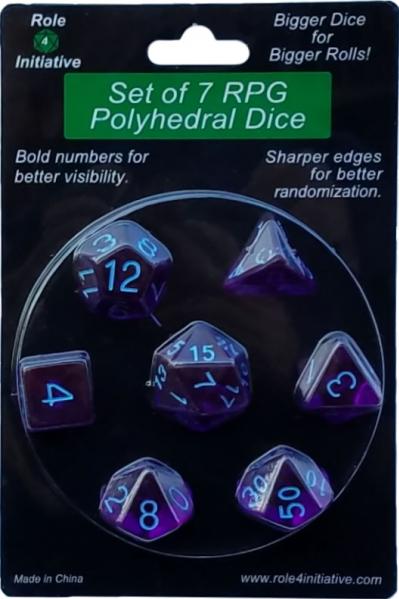Role 4 Initiative Polyhedral 7 Dice Set: Translucent Dark Purple with Light Blue Numbers 
