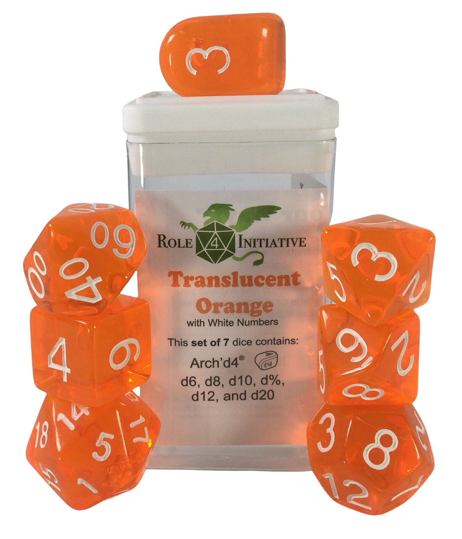 Role 4 Initiative Polyhedral 7 Dice Set: Translucent Orange with White (ArchD4) 