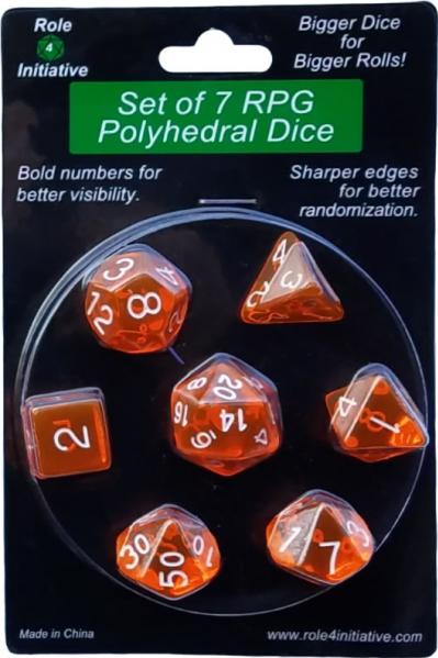 Role 4 Initiative Polyhedral 7 Dice Set: Translucent Orange with White Numbers 