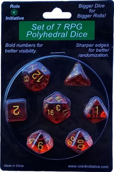 Role 4 Initiative Polyhedral 7 Dice Set: Translucent Red with Gold Numbers 