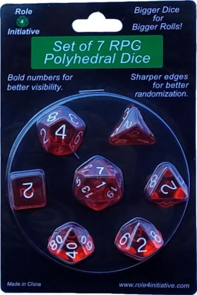 Role 4 Initiative Polyhedral 7 Dice Set: Translucent Red with White Numbers 